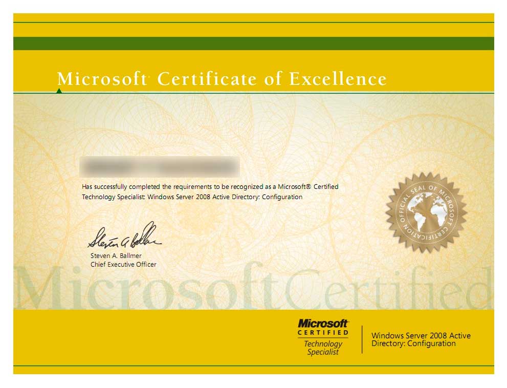Сертификат Microsoft Certified Technology Specialist по Windows Server 2008