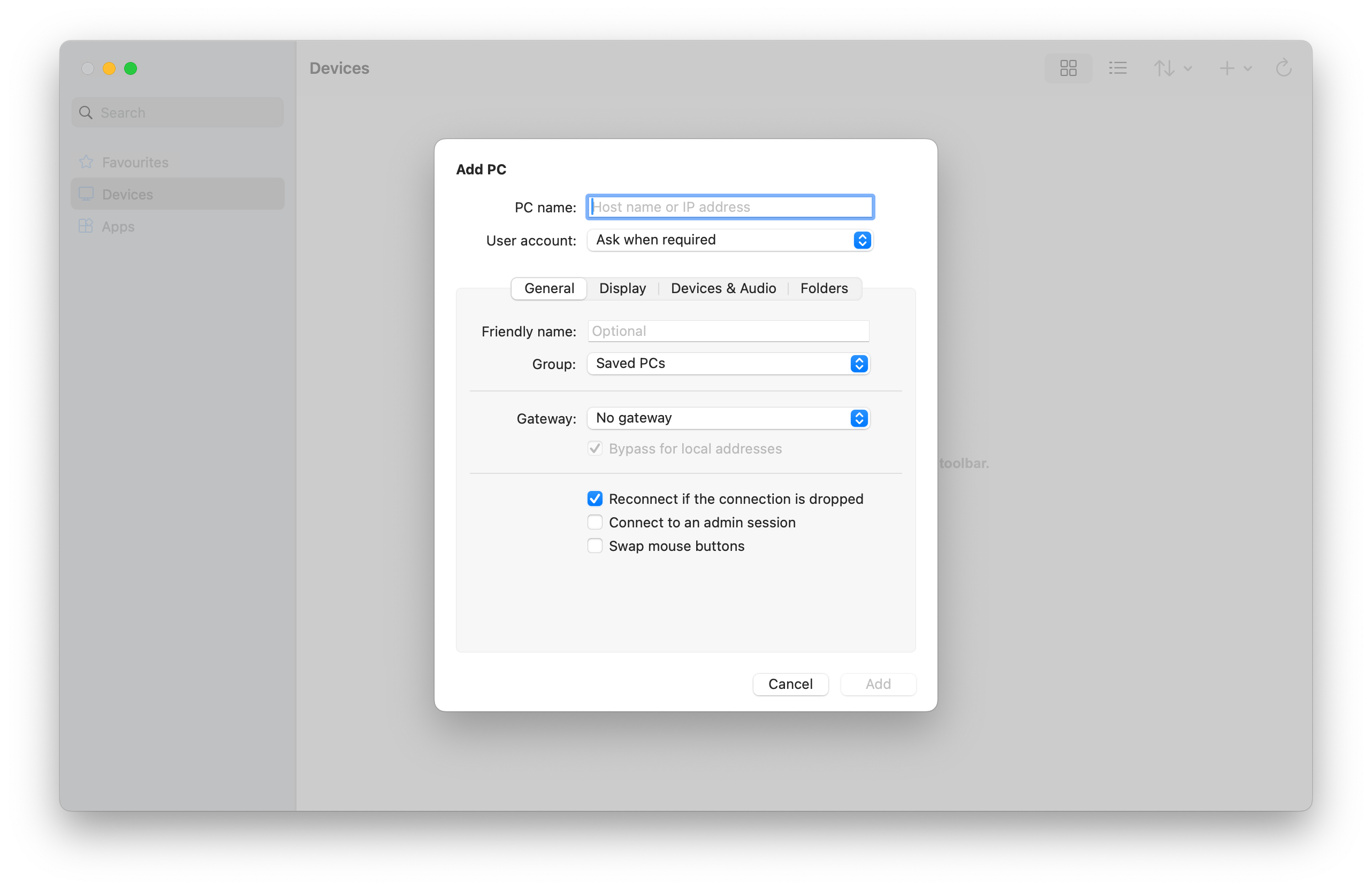 Окно Add PC в Windows App на Mac: PC name, User account, Friendly name и Gateway Окно Add PC в Windows App на Mac: PC name, User account, Friendly name и Gateway