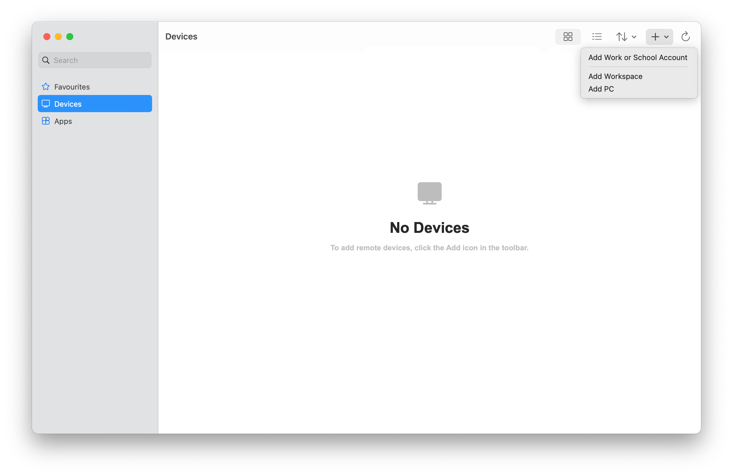 Windows App для macOS: вкладка Devices и меню кнопки плюс для добавления компьютера Windows App для macOS: вкладка Devices и меню кнопки плюс для добавления компьютера