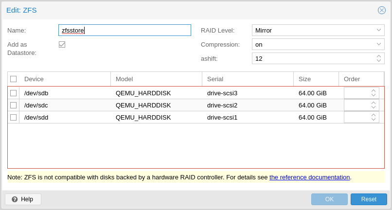 Диалог ZFS в документации PBS: RAID Level, список дисков и Add as Datastore