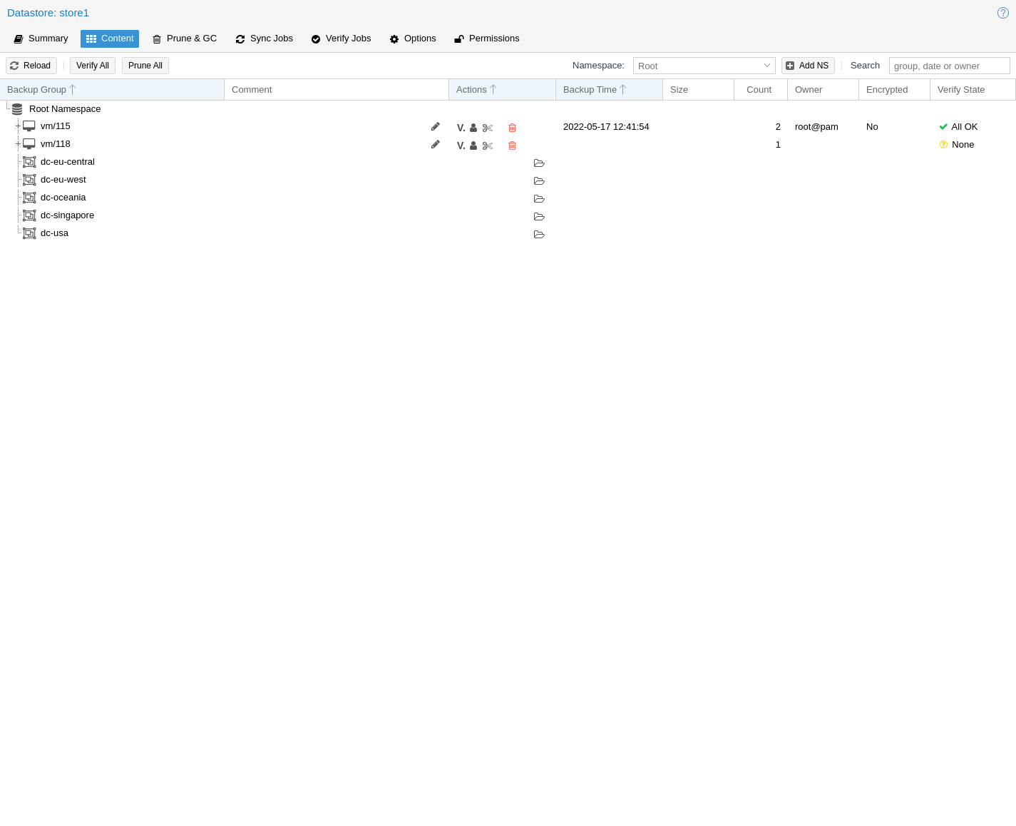 PBS Datastore Content: группы резервных копий, Count, Owner и Verify State