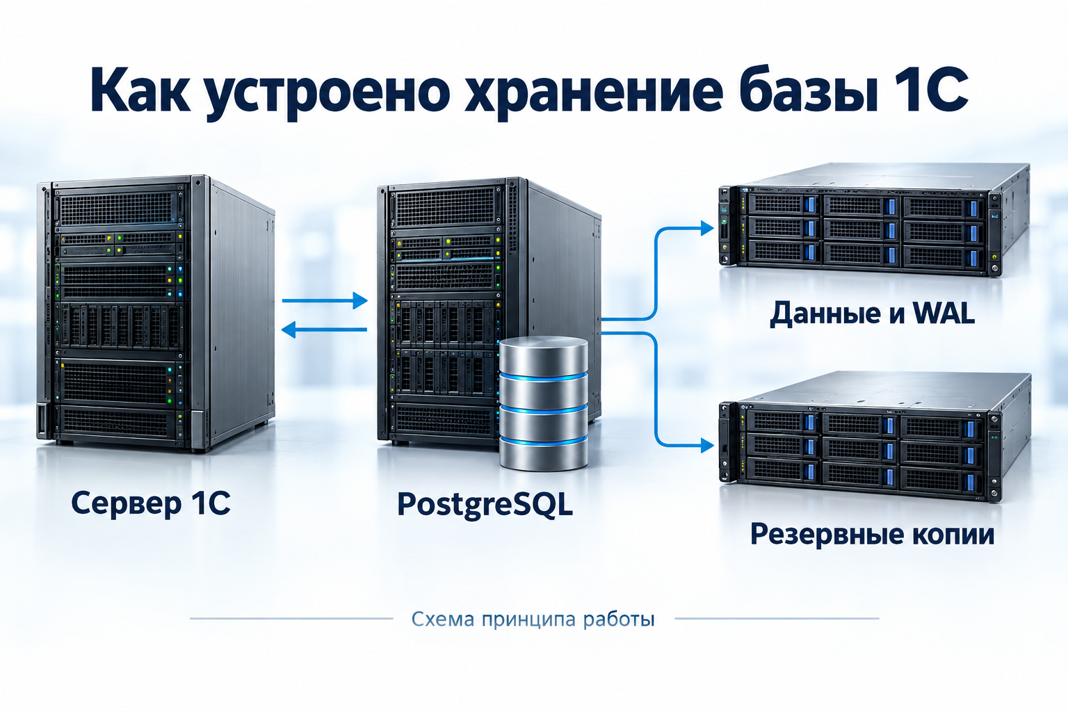 Сервер 1С подключён к PostgreSQL; данные и WAL находятся в подсистеме хранения, резервные копии показаны отдельной ветвью