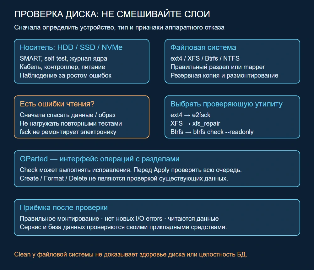Диск и файловая система — разные уровни: SMART, размонтирование, тип проверки и прикладной результат