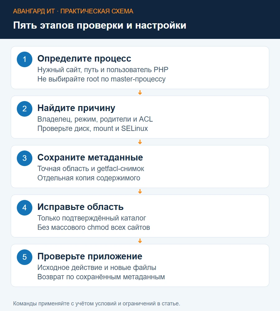 Диагностика BitrixVM: определить процесс и путь, проверить права, сохранить метаданные, исправить область и проверить приложение