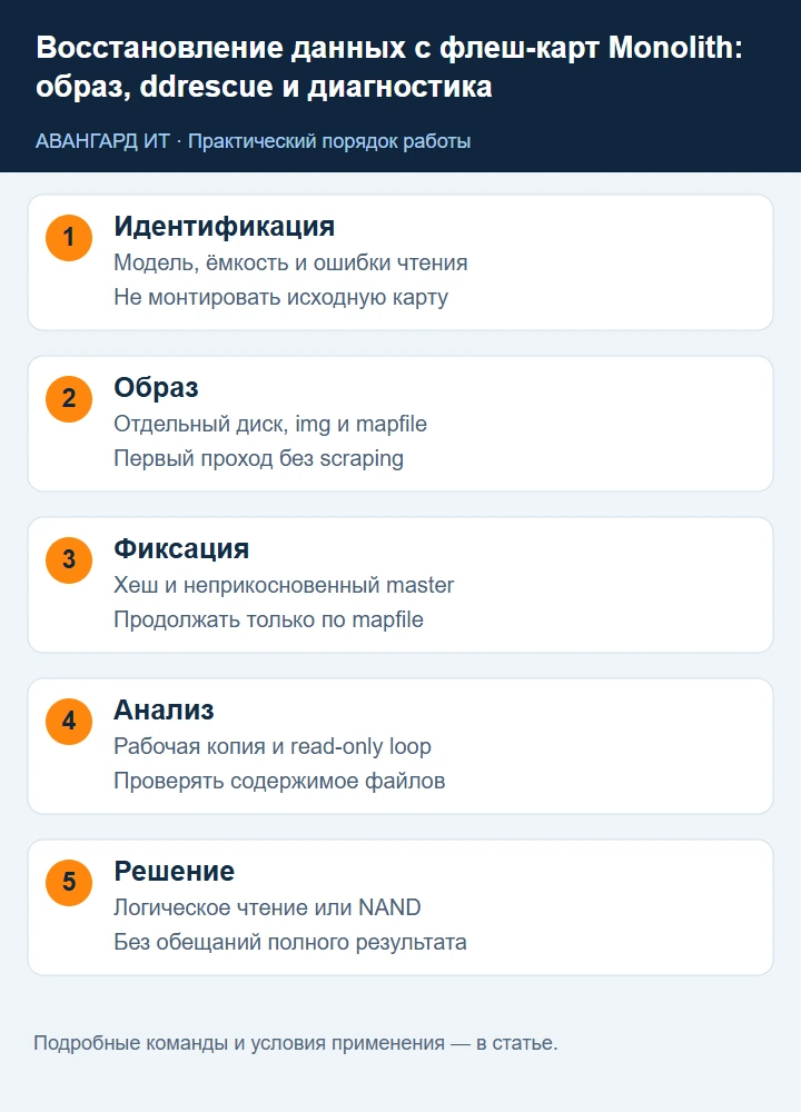 Порядок восстановления Monolith: идентификация носителя, чтение образа, сохранение mapfile, анализ копии и аппаратная диагностика