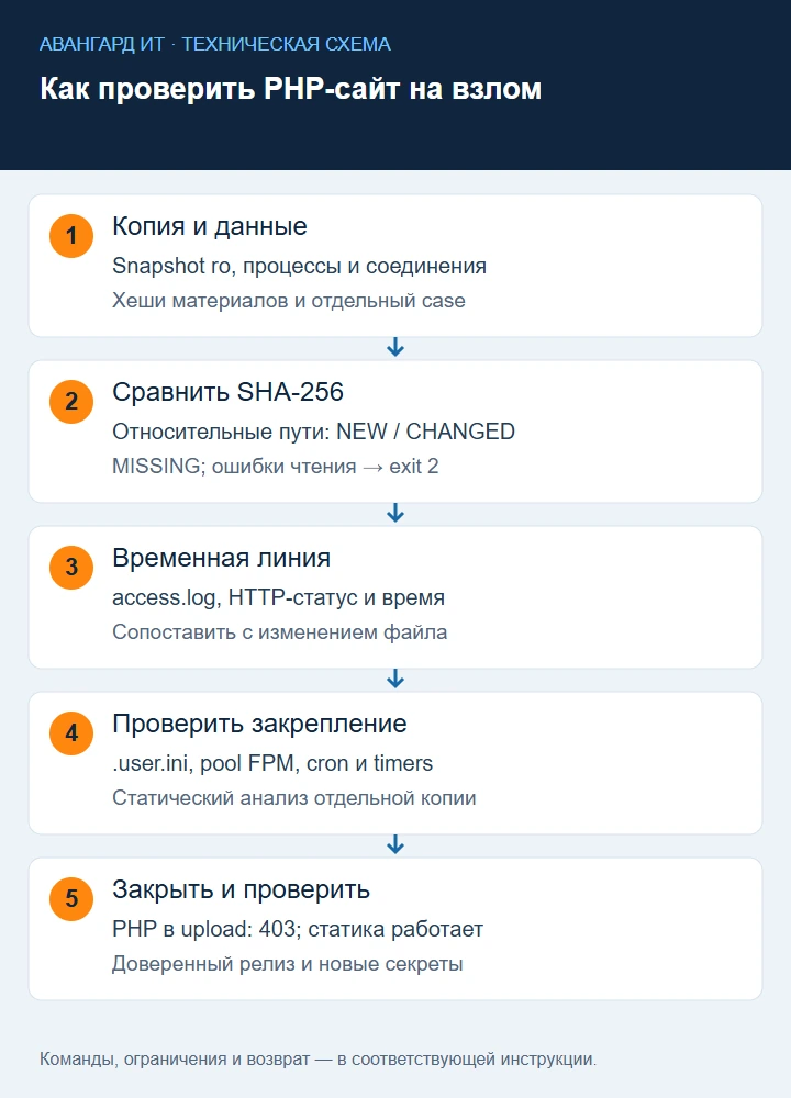 Расследование PHP-сайта: копия, SHA-256 по относительным путям, журналы запросов, закрепление и проверка запрета исполнения