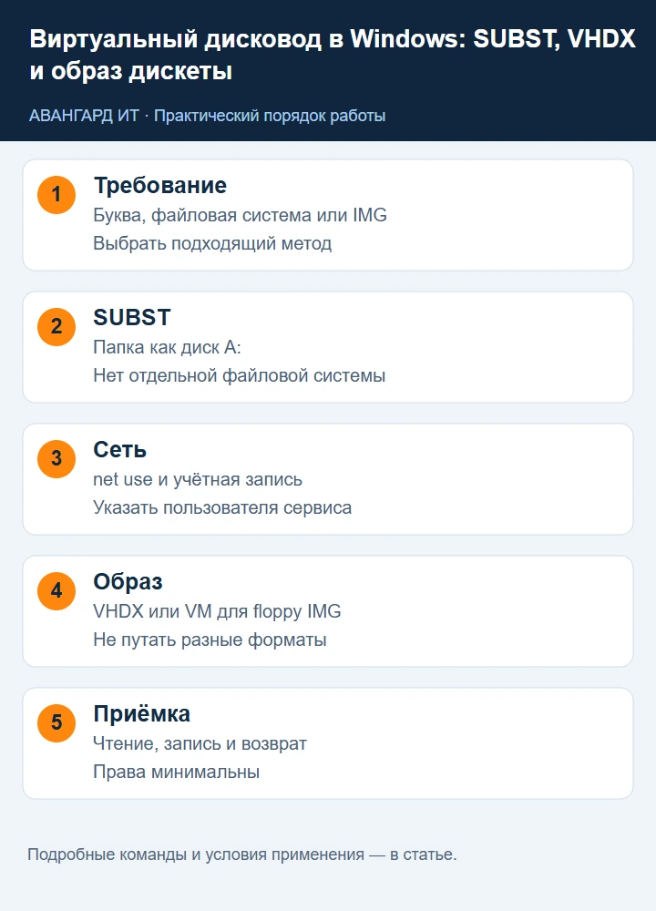 Виртуальный диск Windows: выбор между SUBST, сетевым диском, VHDX и образом дискеты