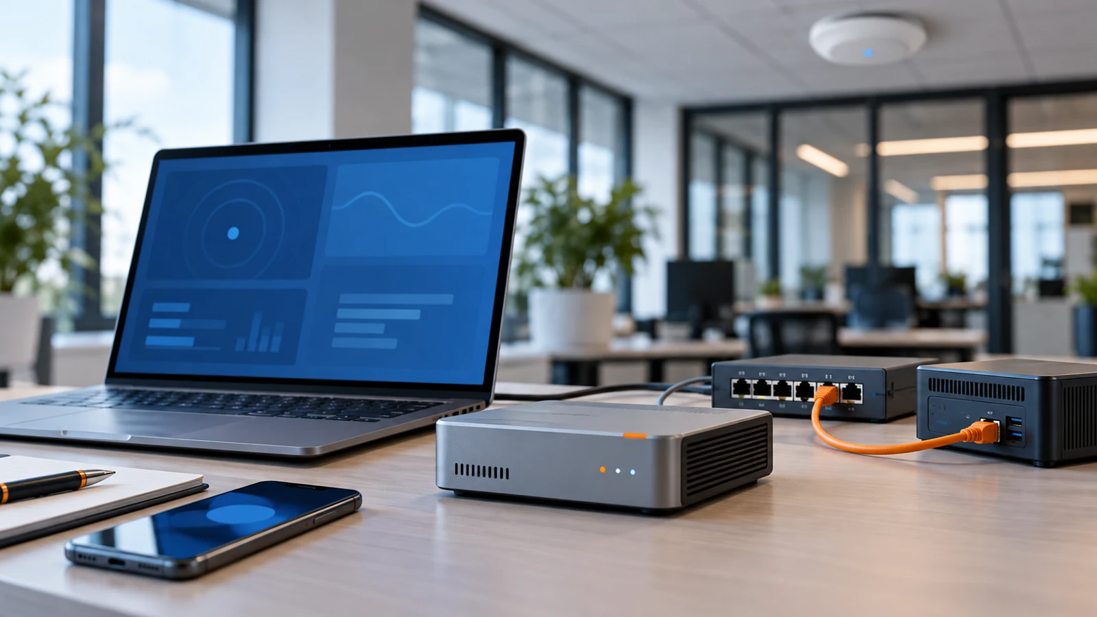 Рабочее место для диагностики Wi-Fi с ноутбуком, телефоном и проводным тестовым компьютером