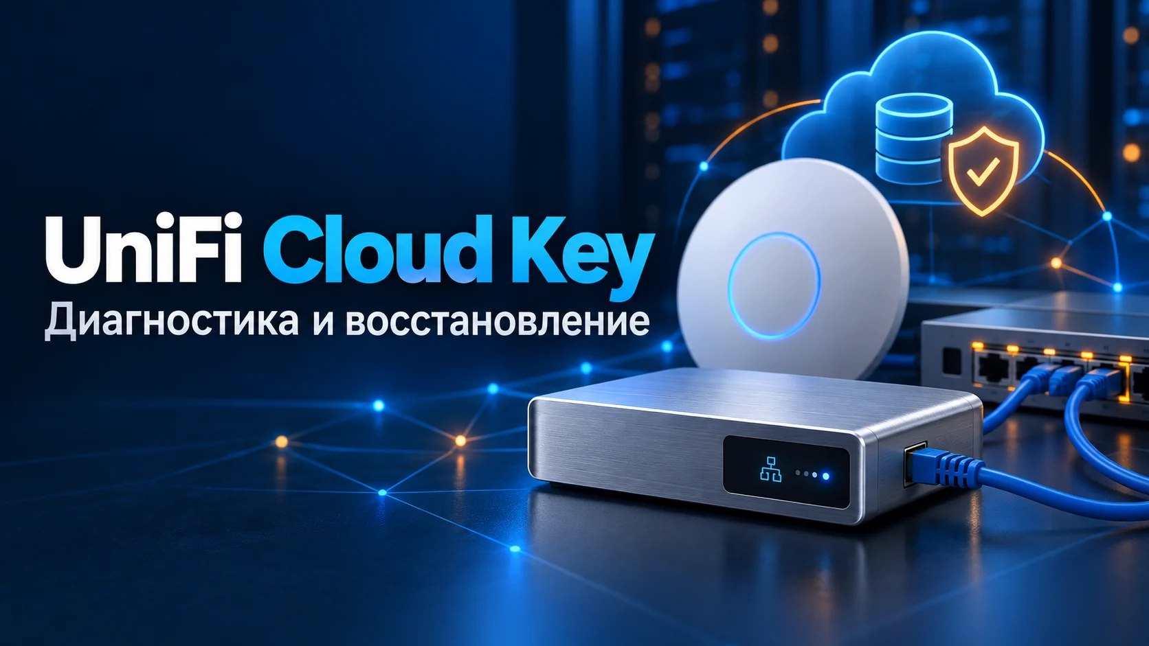 Концептуальная иллюстрация консоли управления UniFi Cloud Key, точки доступа и резервного копирования