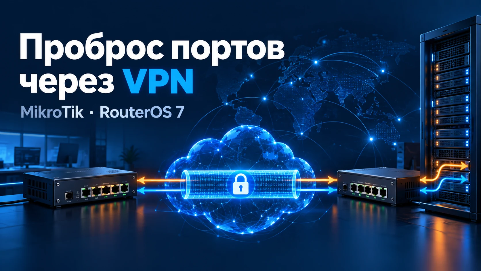 Иллюстрация проброса портов между двумя маршрутизаторами MikroTik через защищённый VPN-туннель