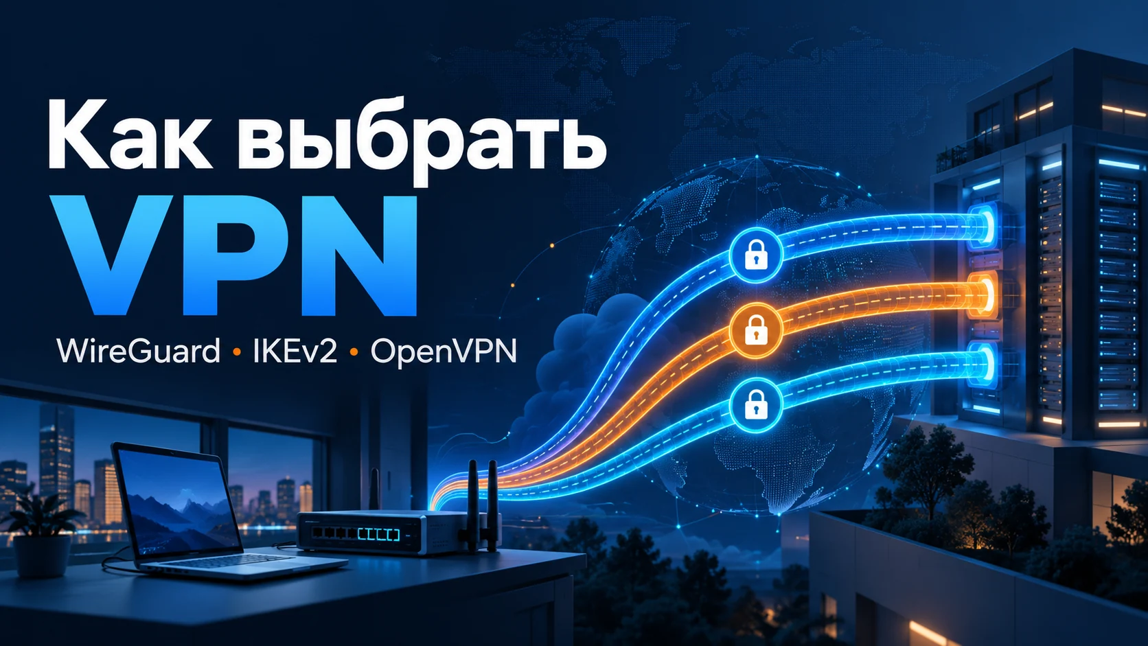 Концептуальная иллюстрация: Виды VPN для корпоративной сети: WireGuard, IKEv2/IPsec, OpenVPN и L2TP