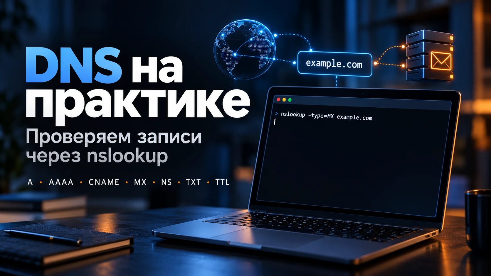 DNS на практике: проверка A, AAAA, CNAME, MX, NS, TXT и TTL через nslookup
