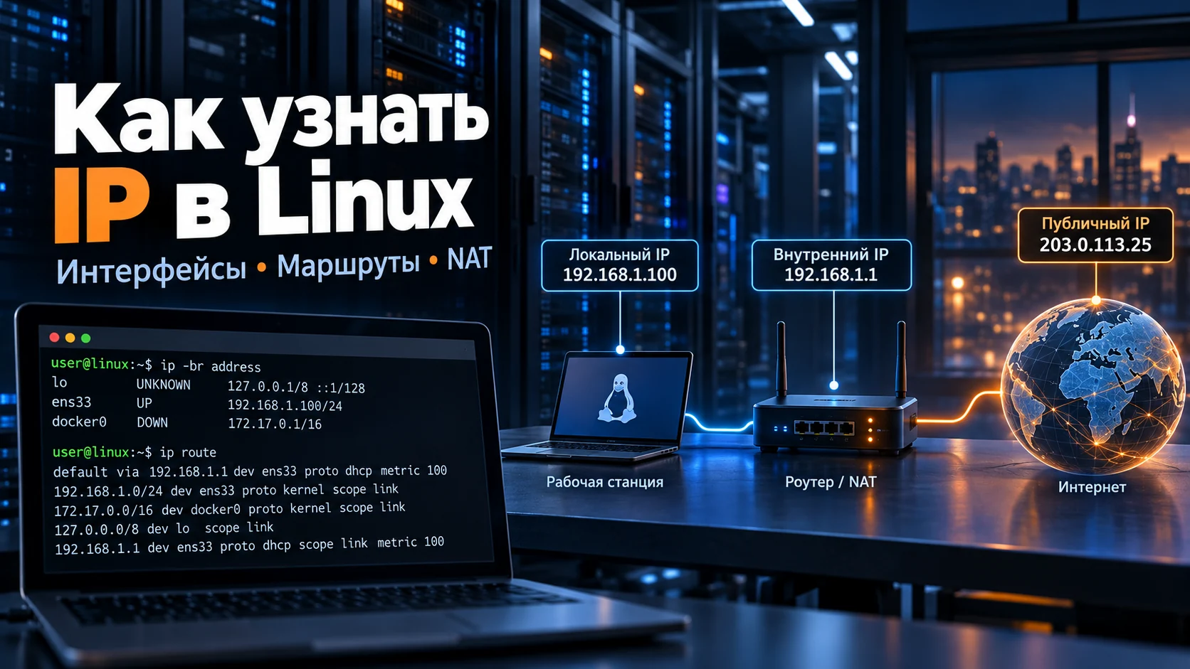 Концептуальная иллюстрация: Как узнать IP-адрес в Linux: интерфейсы, маршрут, внешний адрес и IPv6