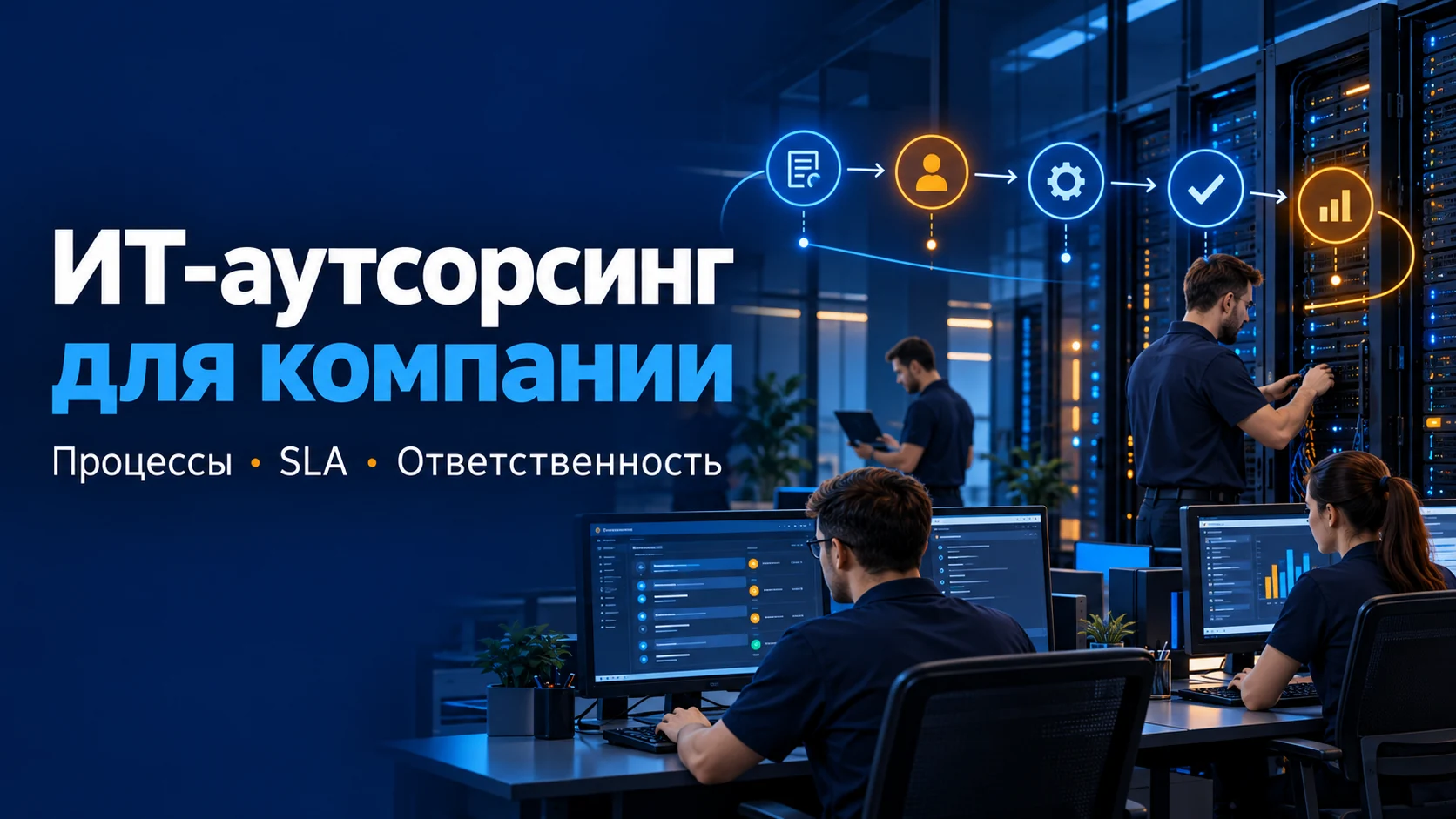 Концептуальная иллюстрация: ИТ-аутсорсинг для компании: как организовать поддержку, SLA и контроль подрядчика