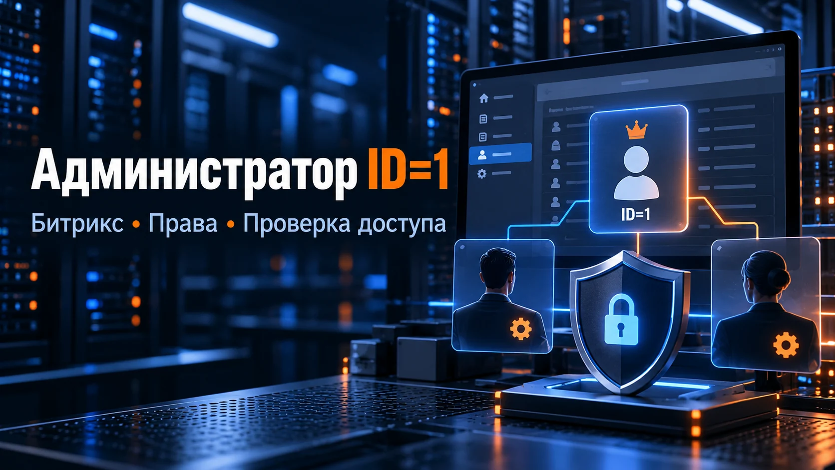 Концептуальная иллюстрация: Администратор ID=1 в 1С-Битрикс: защита учётной записи и безопасная смена доступа