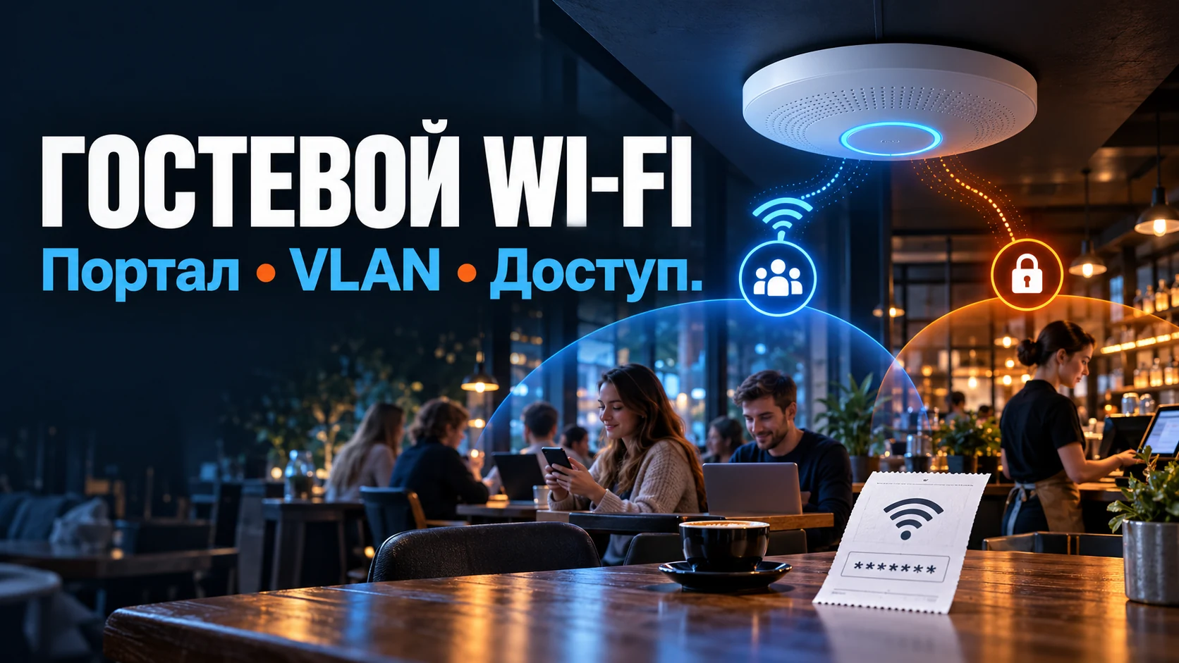 Гостевой Wi-Fi в общественном месте: портал, VLAN, тарифы и проверка доступа — техническая иллюстрация