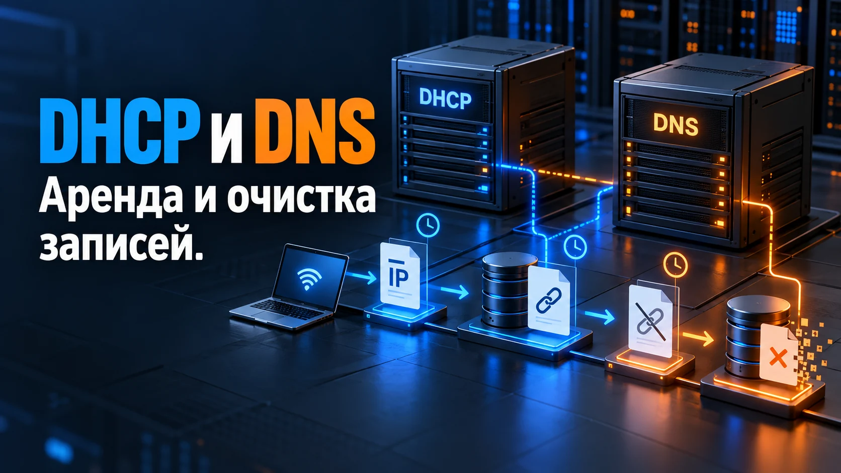 DHCP и DNS aging: как согласовать аренду, обновление и удаление записей — техническая иллюстрация