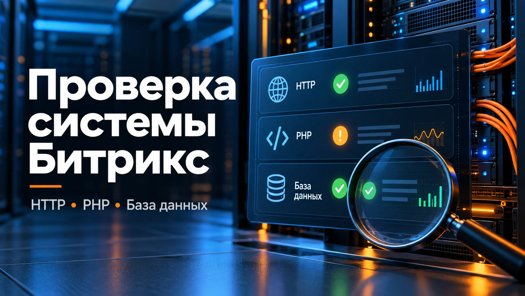 Концептуальная иллюстрация: «Ошибочный ответ сервера» при проверке Битрикс: диагностика HTTP, PHP и базы данных