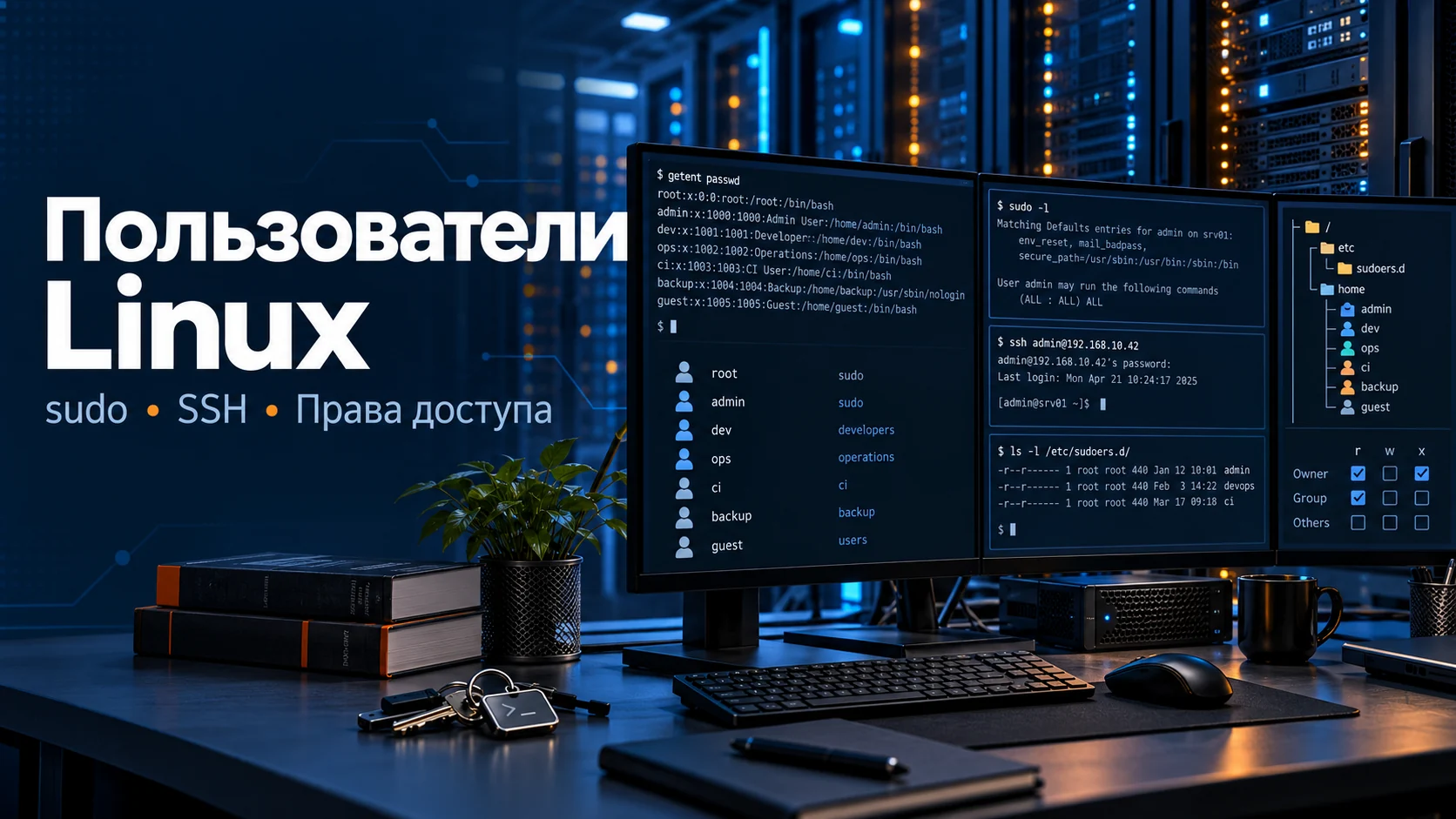 Концептуальная иллюстрация: Пользователи в CentOS Stream и RHEL: создание, sudo, SSH и отзыв доступа