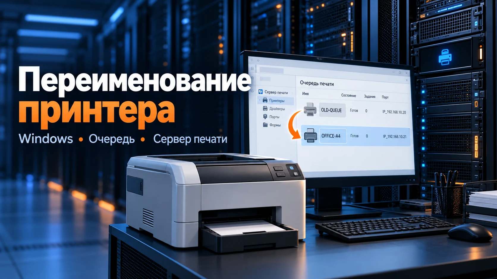 Концептуальная иллюстрация: Как переименовать сетевой принтер в Windows: локальная очередь, сервер печати и общий ресурс