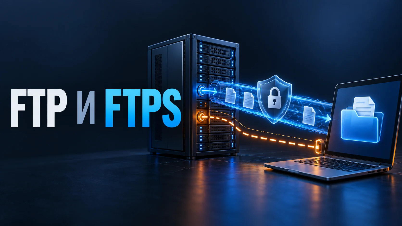 FTP-сервер на Windows: FileZilla Server, FTPS, права и passive mode — техническая иллюстрация