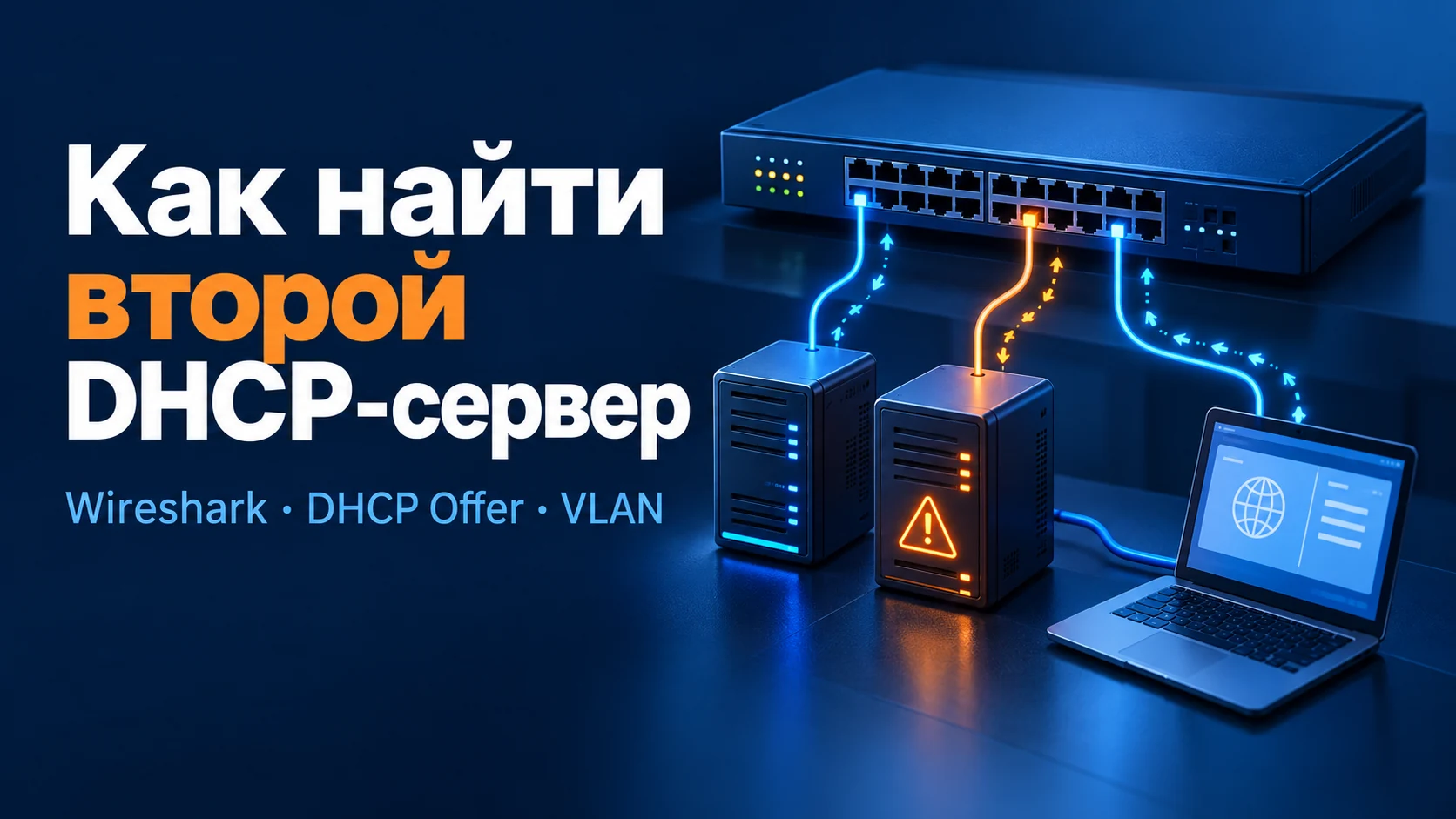 Концептуальная иллюстрация: Как найти второй DHCP-сервер в сети: Wireshark, Nmap и поиск порта коммутатора Концептуальная иллюстрация: Как найти второй DHCP-сервер в сети: Wireshark, Nmap и поиск порта коммутатора