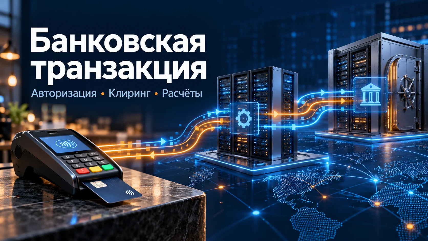 Концептуальная иллюстрация: Как проходит банковская транзакция: авторизация, процессинг, клиринг и расчёты