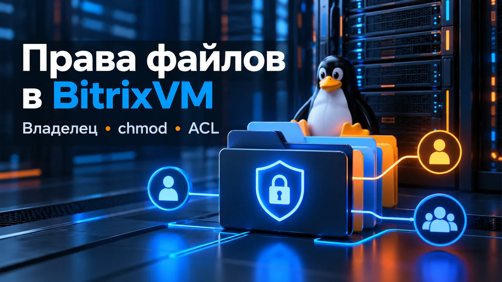 Концептуальная иллюстрация: Права файлов и папок в BitrixVM: диагностика владельца, chmod, ACL и ошибок записи