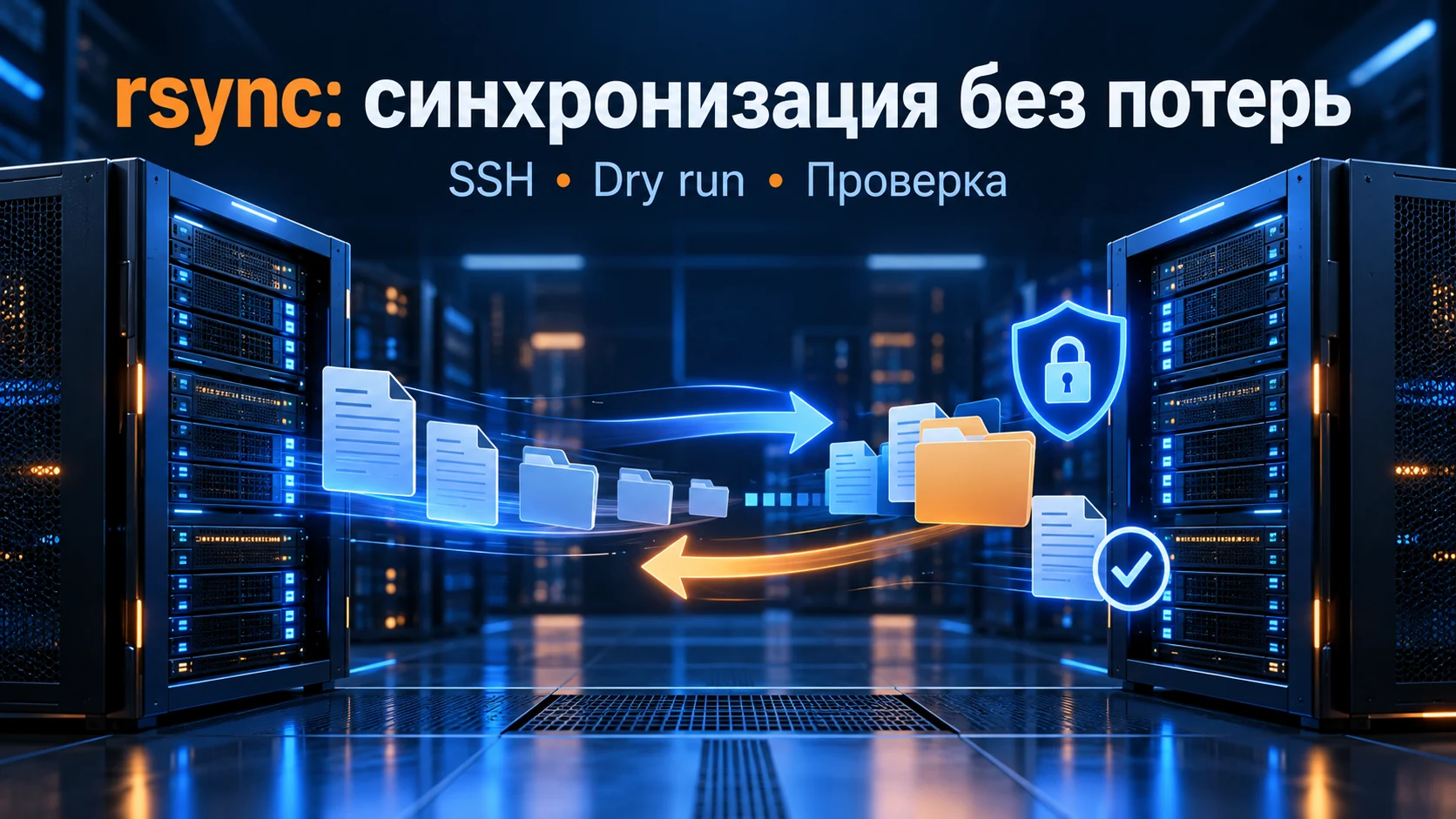 Концептуальная иллюстрация: rsync для администратора: копирование по SSH, dry run, исключения и безопасное удаление