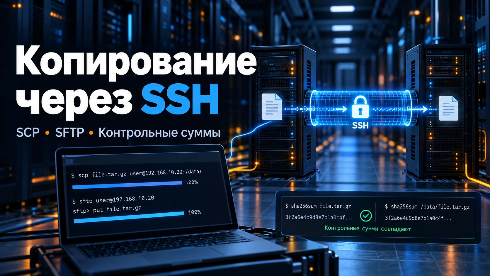Концептуальная иллюстрация: Как копировать файлы через SSH: scp, SFTP, ключи, нестандартный порт и проверка результата
