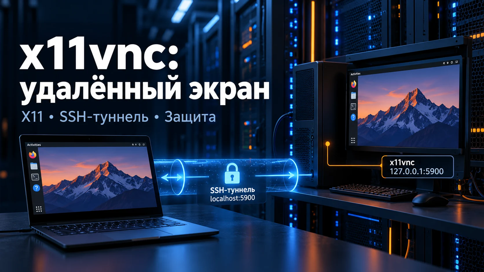 Концептуальная иллюстрация: x11vnc в Linux: доступ к существующему экрану X11 через SSH-туннель