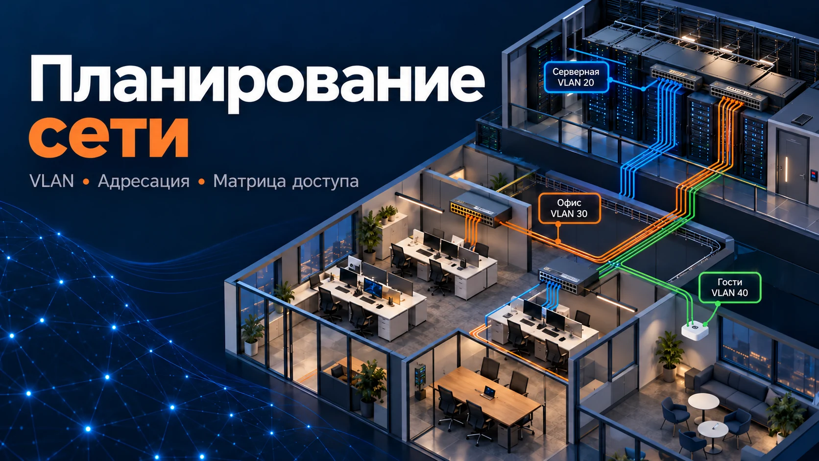 Концептуальная иллюстрация: Планирование сети компании: адресация, VLAN, ACL, Wi-Fi и проверка проекта