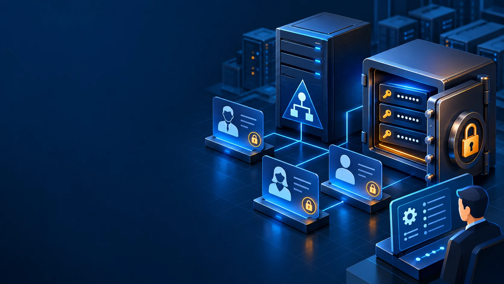 Удалённая смена паролей Windows в домене: LAPS, PowerShell и безопасный пилот — техническая иллюстрация