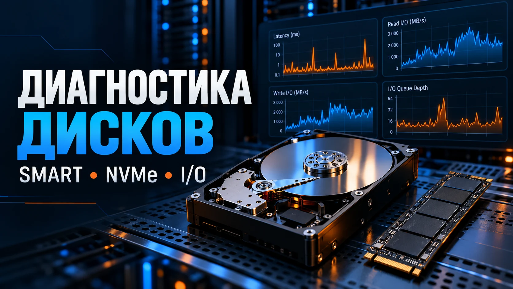 20 инструментов диагностики дисков: SMART, NVMe, занятое место и задержки — техническая иллюстрация